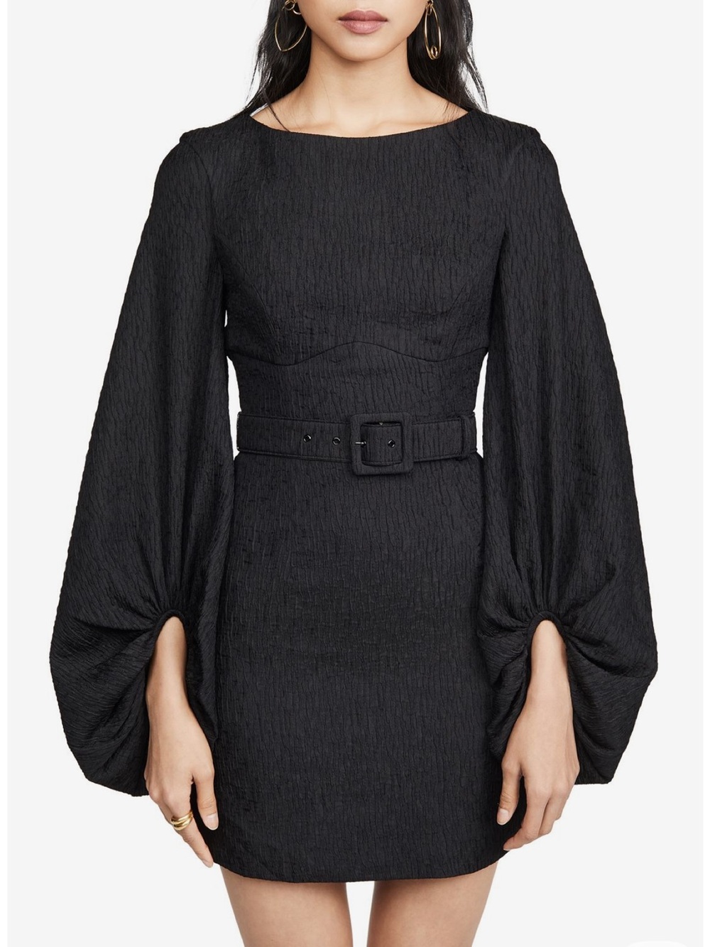 Rebecca Vallance Black Textured Belted Mini Dress with Statement Sleeves